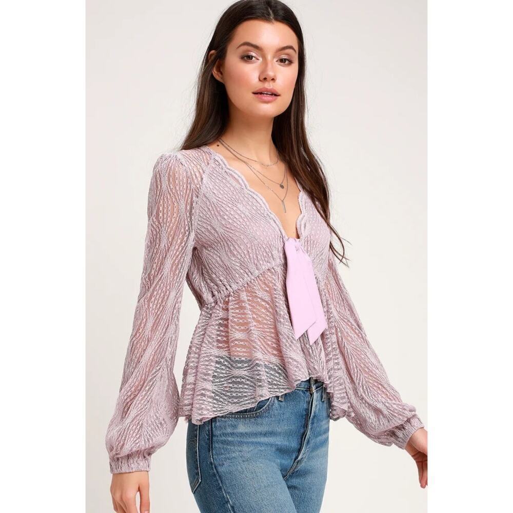 Free People Luisa Sheer Lace V-Neck Long Sleeve Babydoll Top Lavender Purple S
